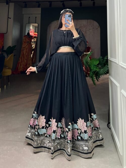 1117BLKMAIN.jpg Suratikart Black Georgette Co-Ord Lehenga Set