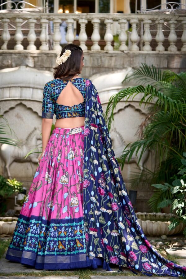 1214PNKBACK.jpg Pink Tussar Silk Lehenga Choli Set with Pichwai and Patola Print Elegant Ethnic Wear