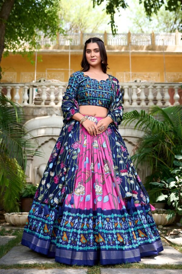 1214PNKMAIN.jpg Pink Tussar Silk Lehenga Choli Set with Pichwai and Patola Print Elegant Ethnic Wear