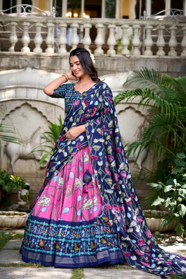 1214PNKMAIN1.jpg Pink Tussar Silk Lehenga Choli Set with Pichwai and Patola Print Elegant Ethnic Wear