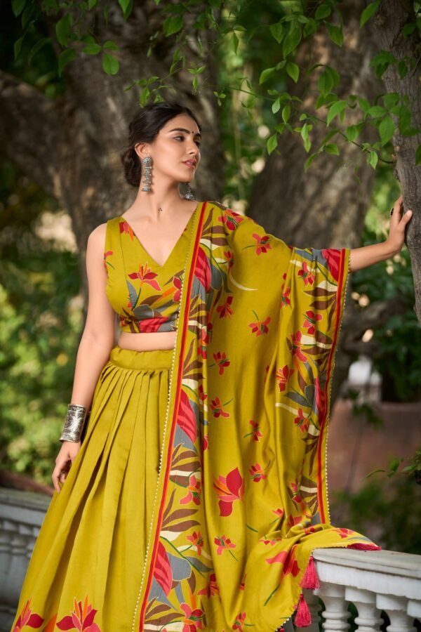 1216MSTCLO.jpg Mustard Color Floral Print With Foil Work Viscose Chanderi Lehenga Choli