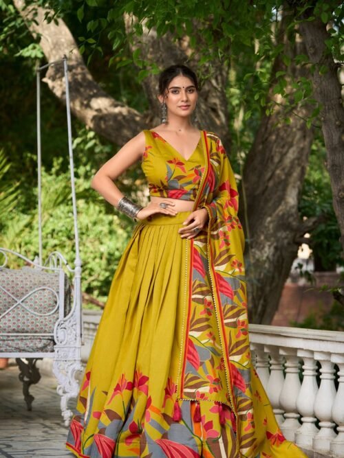 1216MSTMAIN.jpg Mustard Color Floral Print With Foil Work Viscose Chanderi Lehenga Choli