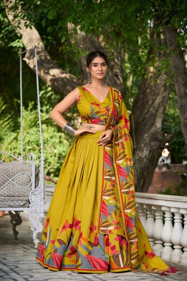 1216MSTMAIN.jpg Mustard Color Floral Print With Foil Work Viscose Chanderi Lehenga Choli