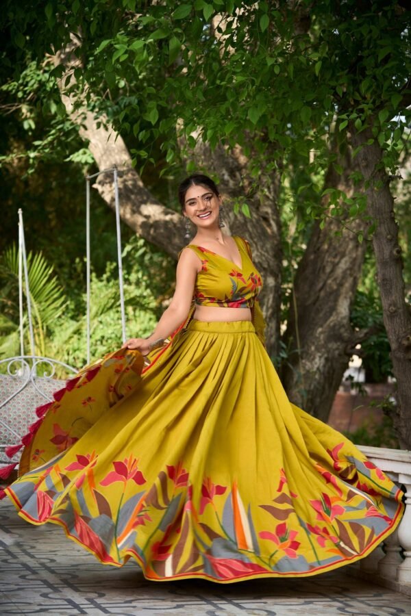 1216MSTMAIN1.jpg Mustard Color Floral Print With Foil Work Viscose Chanderi Lehenga Choli