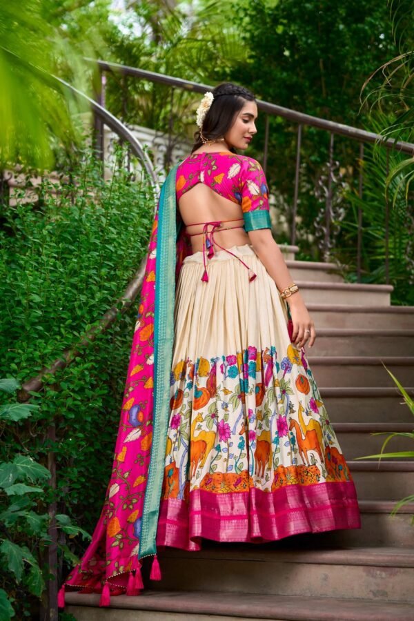 White Dola Silk Lehenga Choli Set with Kalamkari Print and Zari Weaving