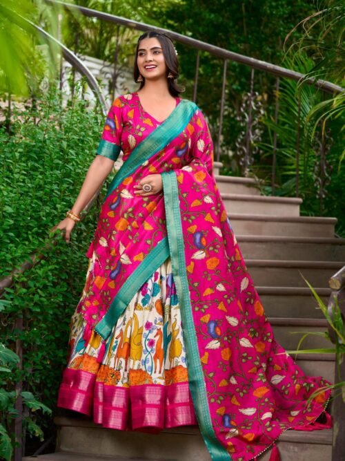 1222WHTMAIN.jpg White Dola Silk Lehenga Choli Set with Kalamkari Print and Zari Weaving