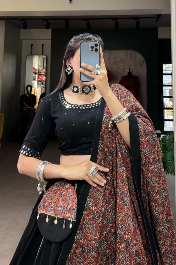 1697BLKCLO.jpg Black Cotton Traditional Lehenga Choli Set with Gota Patti Work