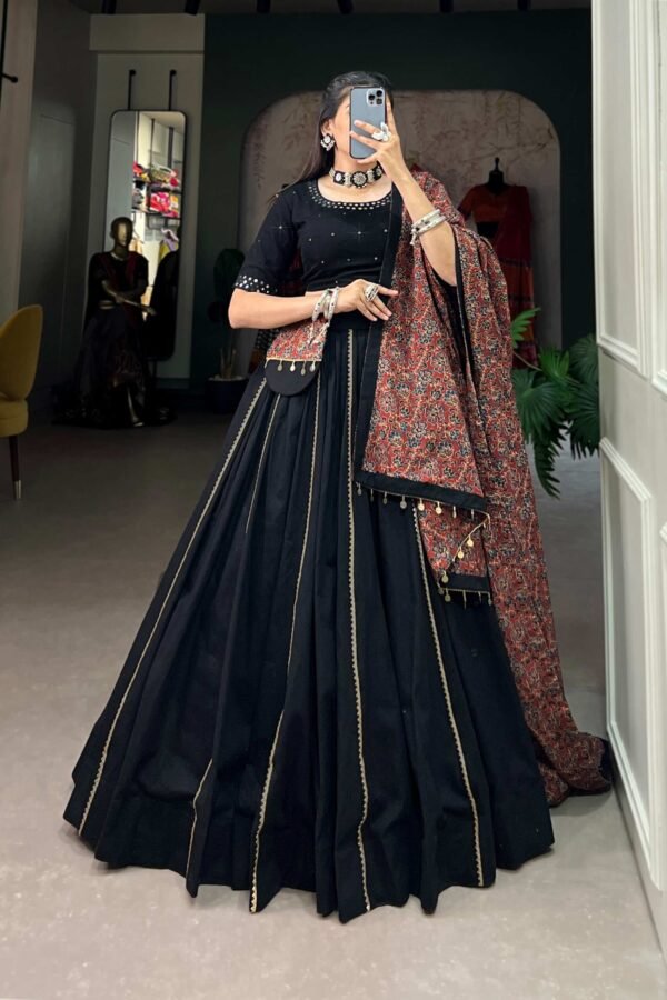 1697BLKMAIN.jpg Black Cotton Traditional Lehenga Choli Set with Gota Patti Work