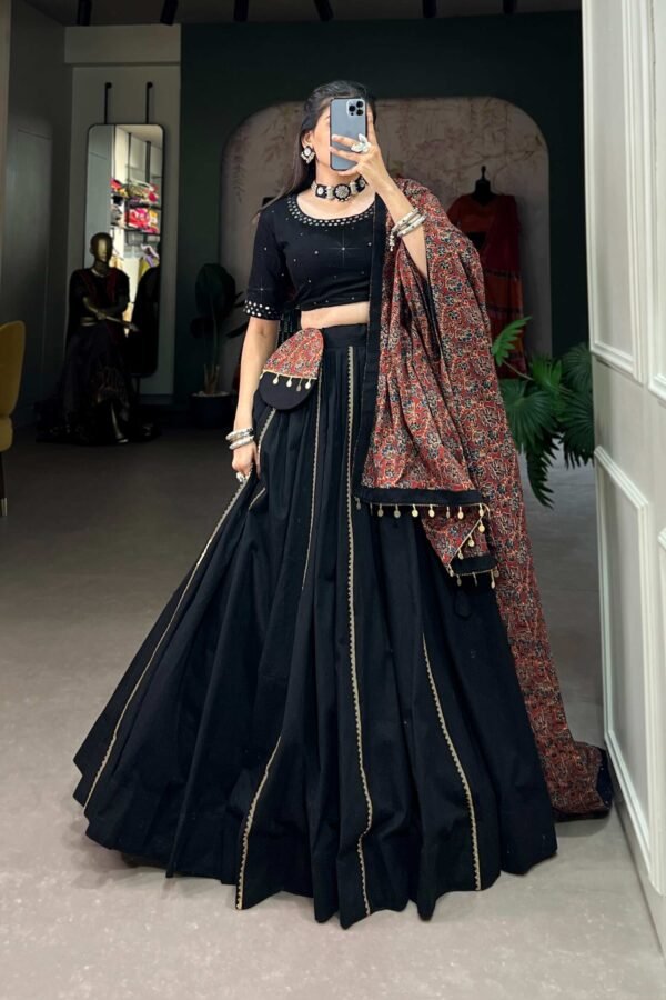1697BLKMAIN1.jpg Black Cotton Traditional Lehenga Choli Set with Gota Patti Work