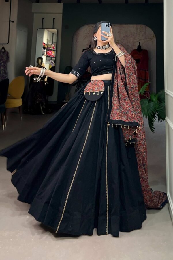 1697BLKMAIN2.jpg Black Cotton Traditional Lehenga Choli Set with Gota Patti Work