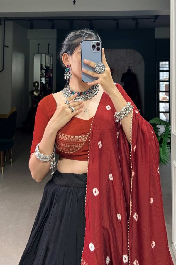 1907BLKCLO.jpg Suratikart Black Pure Chanderi Lehenga Set with Zari Weaving Work Border and Bandhej Print Dupatta
