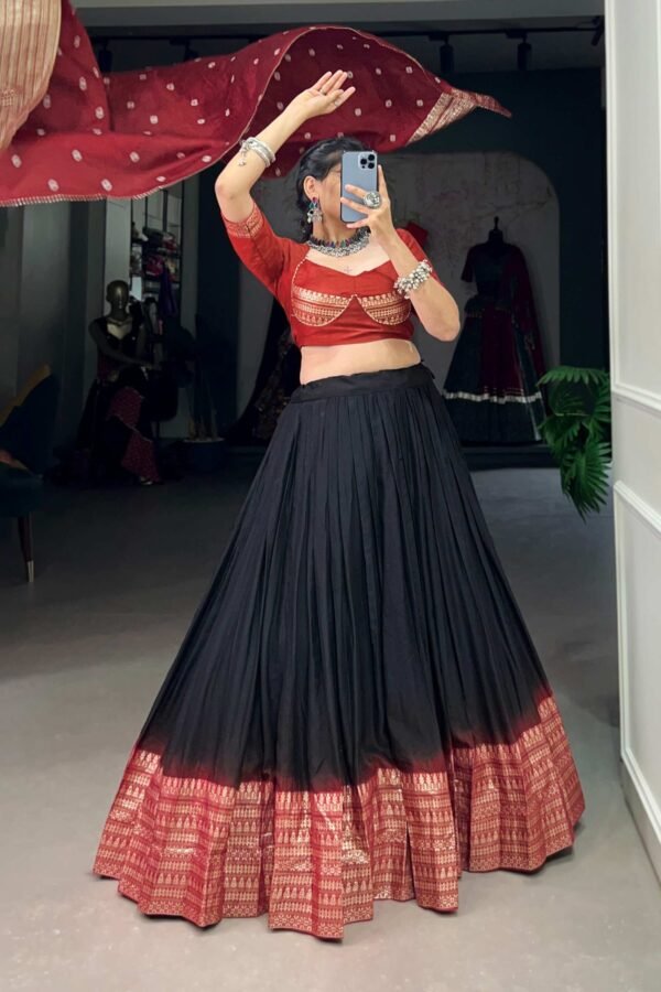1907BLKMAIN.jpg Suratikart Black Pure Chanderi Lehenga Set with Zari Weaving Work Border and Bandhej Print Dupatta