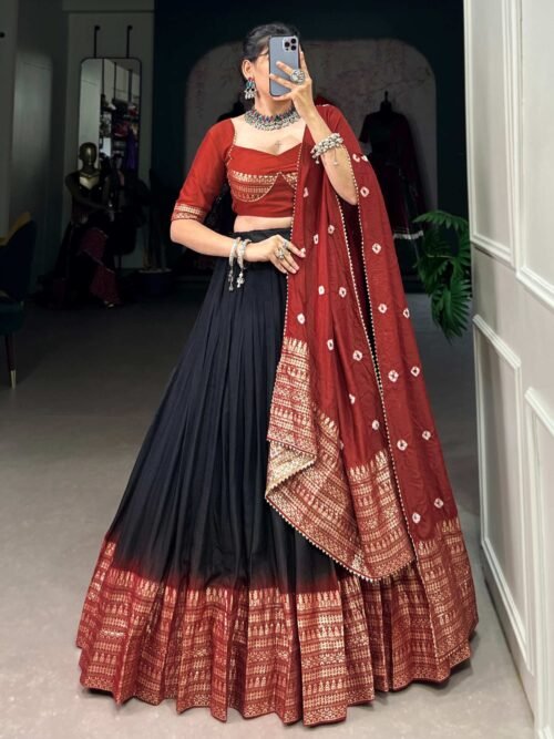 1907BLKMAIN1.jpg Suratikart Black Pure Chanderi Lehenga Set with Zari Weaving Work Border and Bandhej Print Dupatta