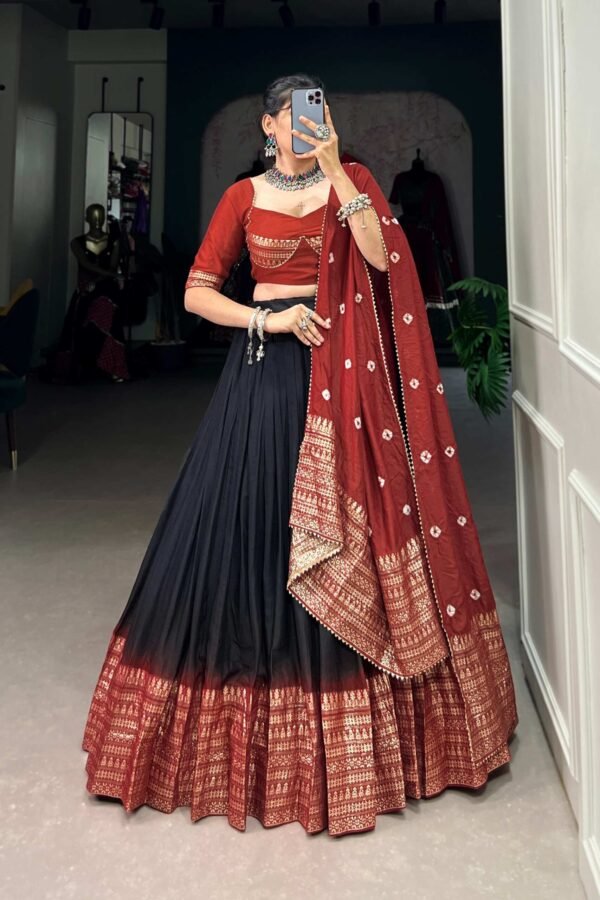 1907BLKMAIN1.jpg Suratikart Black Pure Chanderi Lehenga Set with Zari Weaving Work Border and Bandhej Print Dupatta