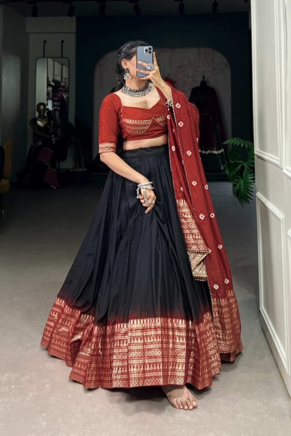 1907BLKMAIN2.jpg Suratikart Black Pure Chanderi Lehenga Set with Zari Weaving Work Border and Bandhej Print Dupatta