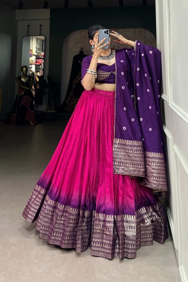 1907PNKMAIN.jpg Lovely Pink Chanderi Lehenga with Zari Weaving Work and Bandhej Print Dupatta