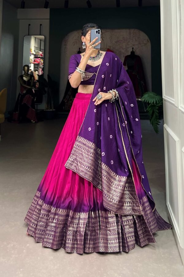 1907PNKMAIN2.jpg Lovely Pink Chanderi Lehenga with Zari Weaving Work and Bandhej Print Dupatta
