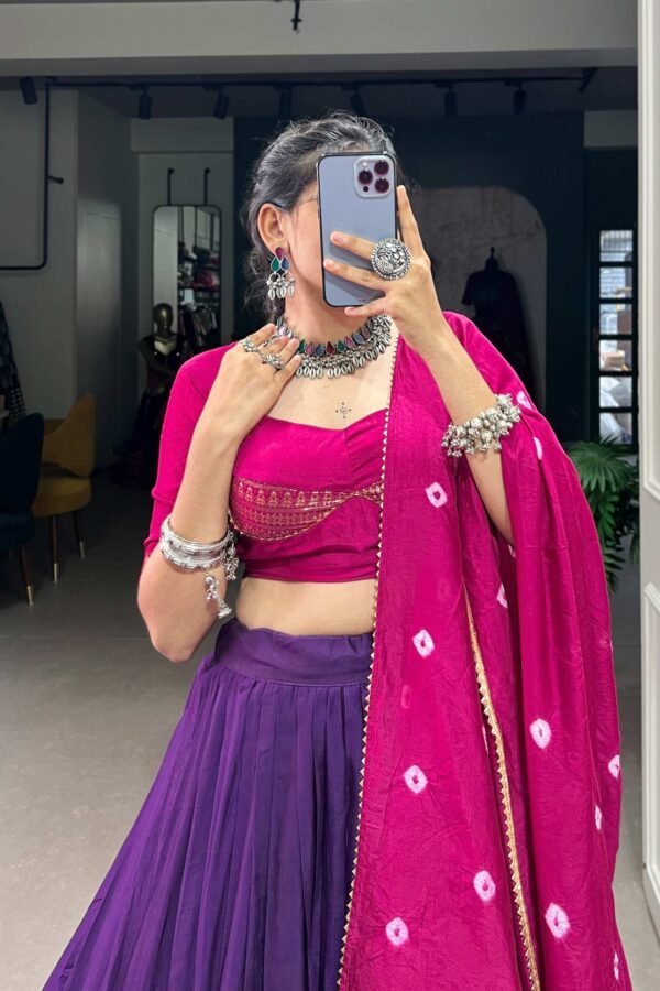 1907PRLCLO.jpg Purple Color Pure Chanderi Lehenga Set with Zari Weaving and Bandhej Print Dupatta