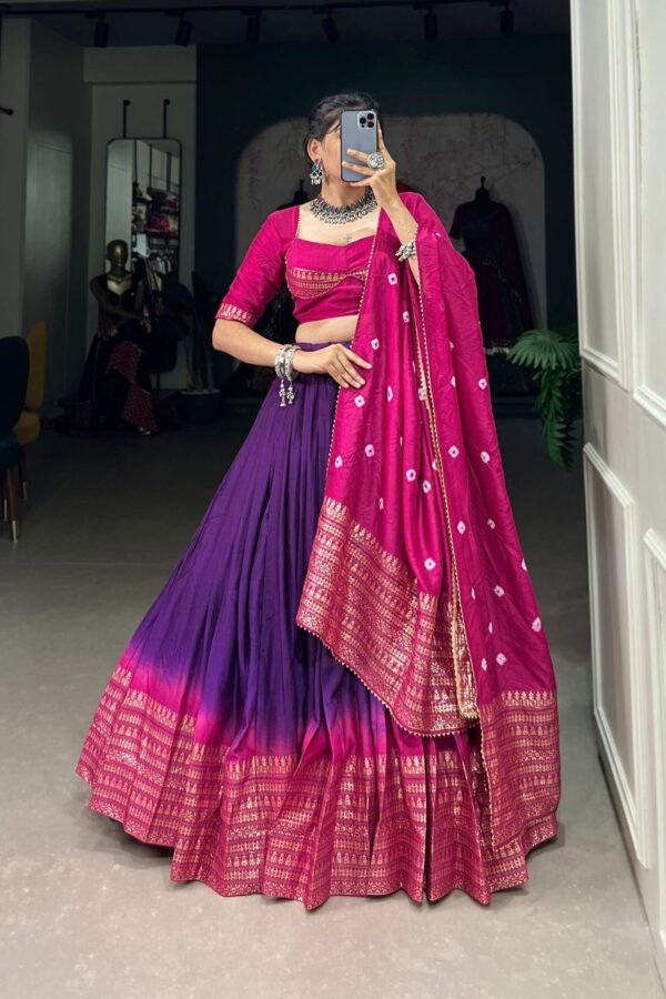 1907PRLMAIN.jpg Purple Color Pure Chanderi Lehenga Set with Zari Weaving and Bandhej Print Dupatta