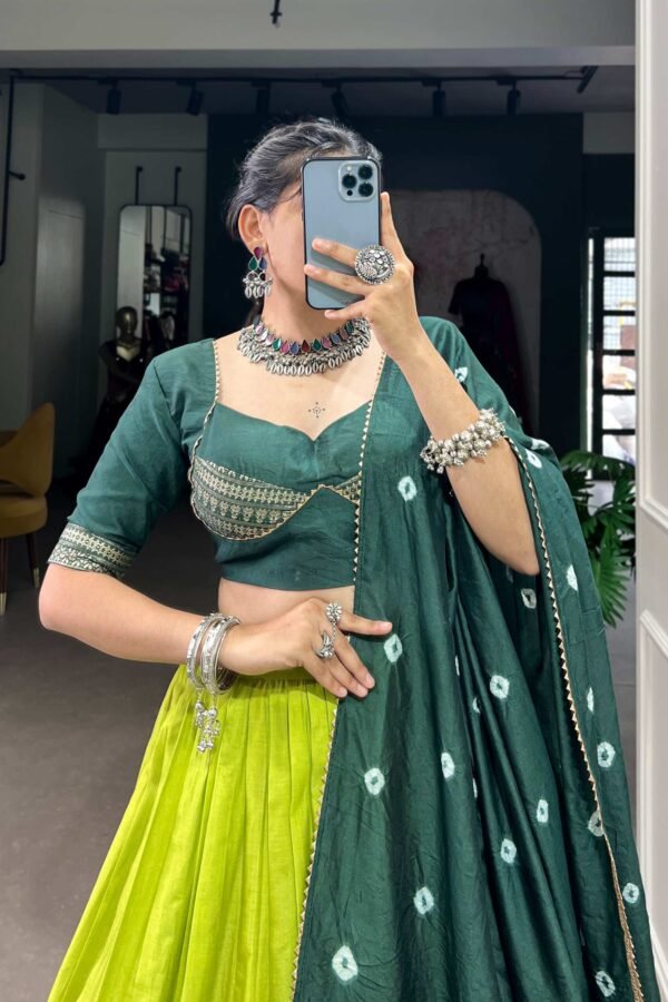 1907PRTCLO.jpg Parrot Green Pure Chanderi Lehenga Set - Exquisite Zari Weaving Work with Bandhej Print Dupatta