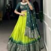 1907PRTMAIN1.jpg Parrot Green Pure Chanderi Lehenga Set - Exquisite Zari Weaving Work with Bandhej Print Dupatta
