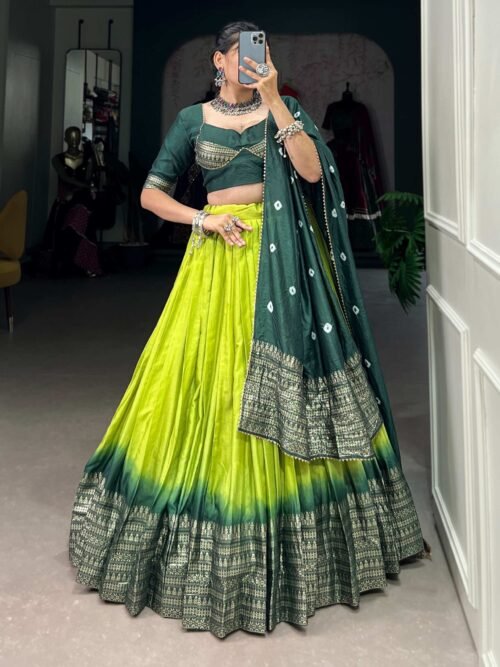 1907PRTMAIN1.jpg Parrot Green Pure Chanderi Lehenga Set - Exquisite Zari Weaving Work with Bandhej Print Dupatta