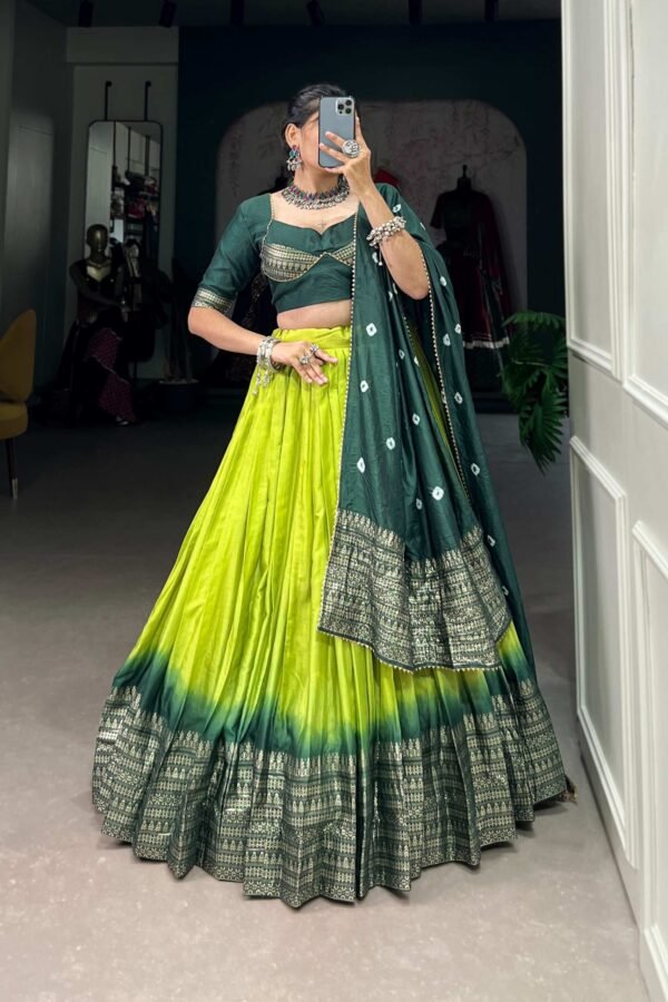 1907PRTMAIN1.jpg Parrot Green Pure Chanderi Lehenga Set - Exquisite Zari Weaving Work with Bandhej Print Dupatta
