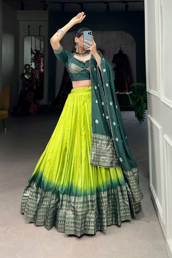 1907PRTMAIN2.jpg Parrot Green Pure Chanderi Lehenga Set - Exquisite Zari Weaving Work with Bandhej Print Dupatta