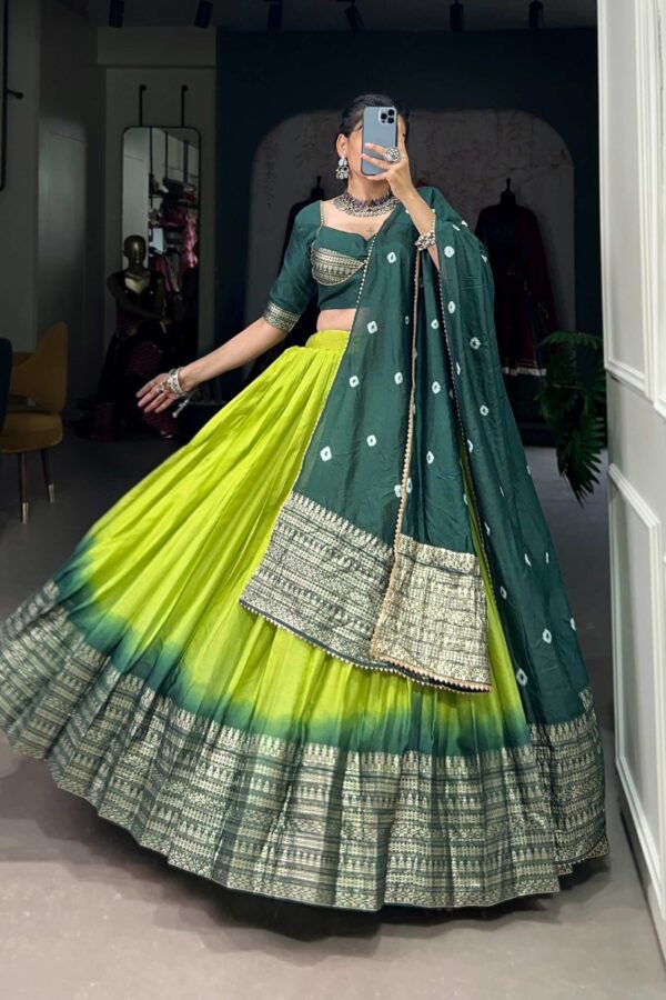 1907PRTMAIN3.jpg Parrot Green Pure Chanderi Lehenga Set - Exquisite Zari Weaving Work with Bandhej Print Dupatta