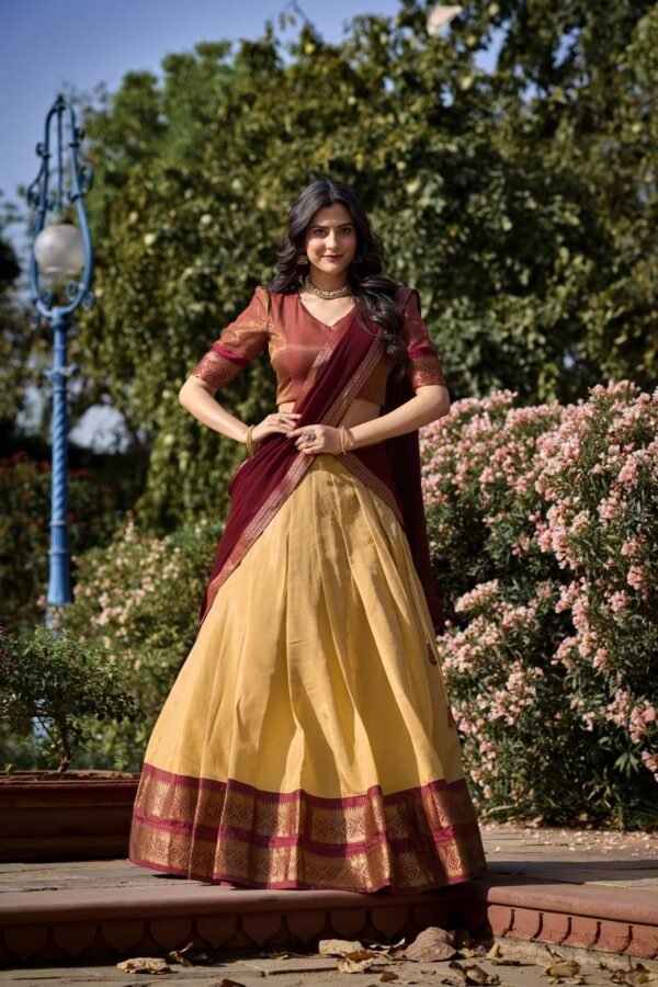2001CRMMAIN.jpg Cream Color Zari Weaving Work Kanchipuram Lehenga Choli