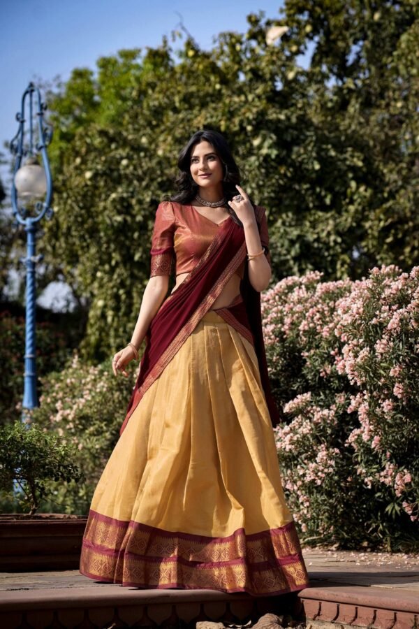 2001CRMMAIN1.jpg Cream Color Zari Weaving Work Kanchipuram Lehenga Choli