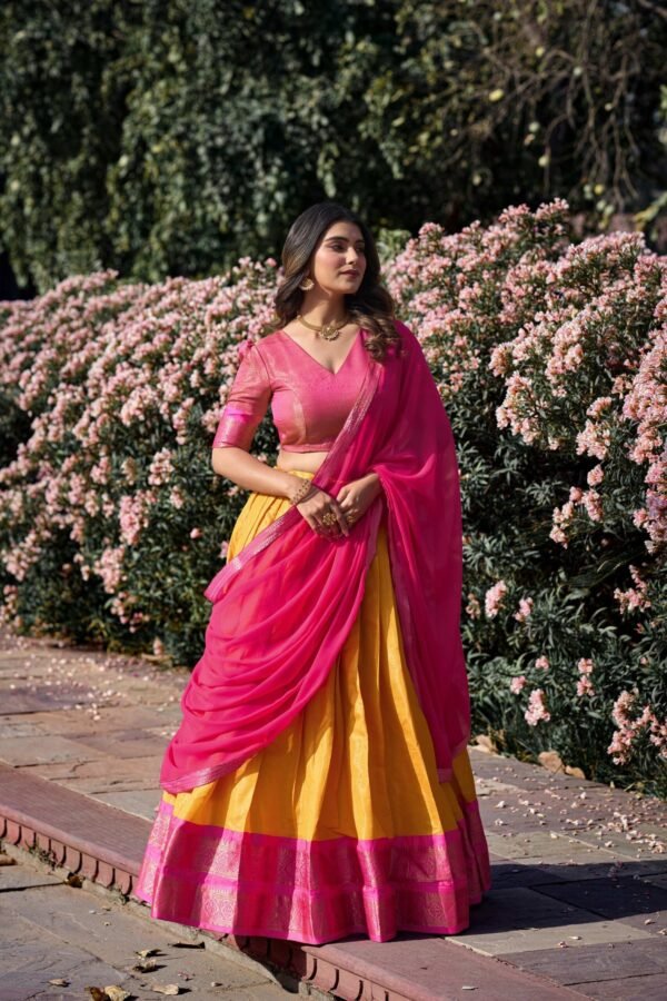 Mustard Color Zari Weaving Work Kanchipuram South Indian Lehenga Choli