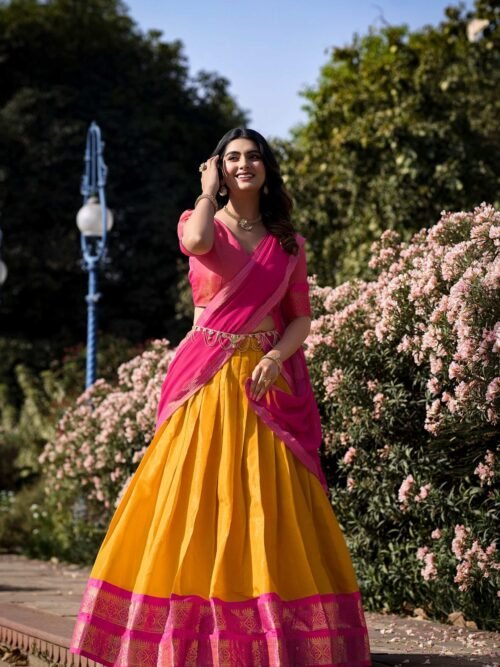 2001MSTMAIN_526143c7-6de3-4109-92af-b2f92a6a9f92.jpg Mustard Color Zari Weaving Work Kanchipuram South Indian Lehenga Choli