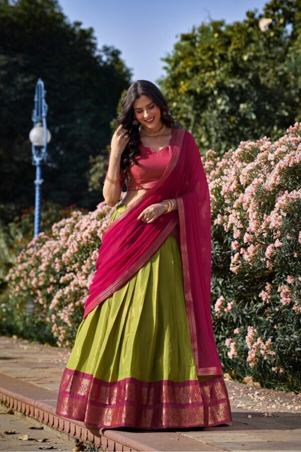 2001PSTMAIN.jpg Parrot Green Color Zari Weaving Work Kanchipuram South Culture Lehenga Choli