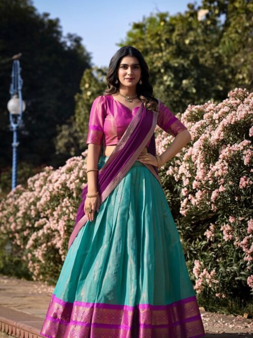 2001SBLMAIN.jpg Sky Blue Color Zari Weaving Work Kanchipuram Women Lehenga Choli