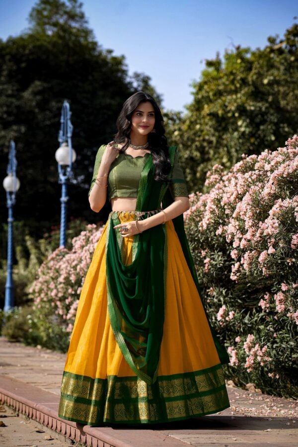 2001YLWMAIN.jpg Yellow Color Zari Weaving Work Kanchipuram Haldi Lehenga Choli