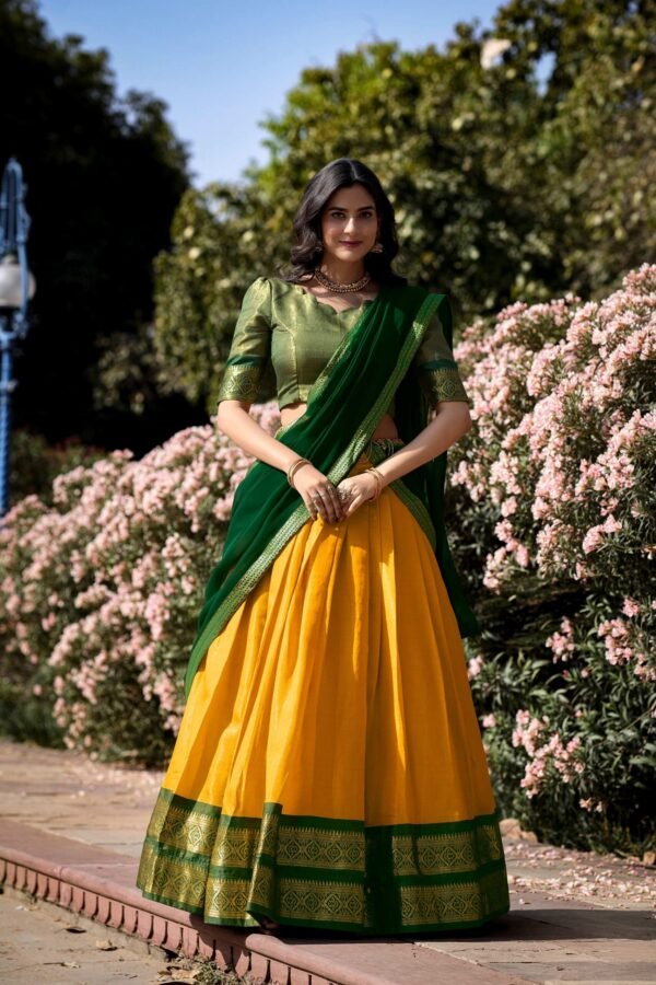 2001YLWMAIN1.jpg Yellow Color Zari Weaving Work Kanchipuram Haldi Lehenga Choli