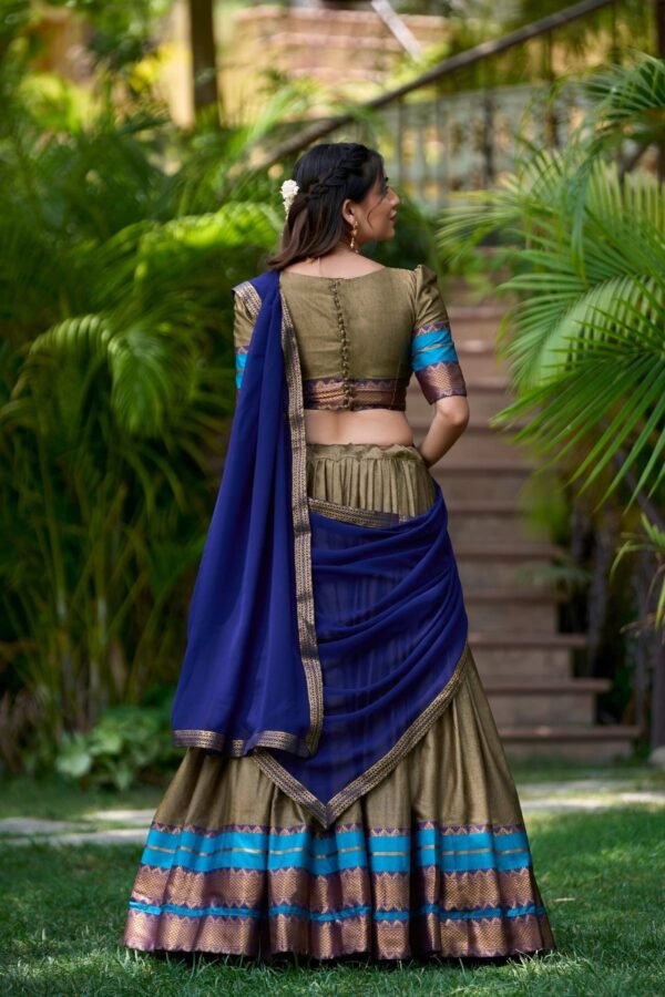 2004CHKBACK.jpg South Style Poly Cotton Half Chikoo Color Saree Set with Elegant Georgette Dupatta