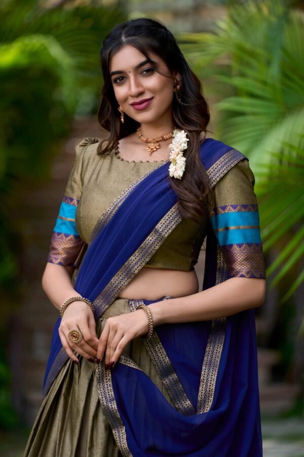 2004CHKCLO.jpg South Style Poly Cotton Half Chikoo Color Saree Set with Elegant Georgette Dupatta