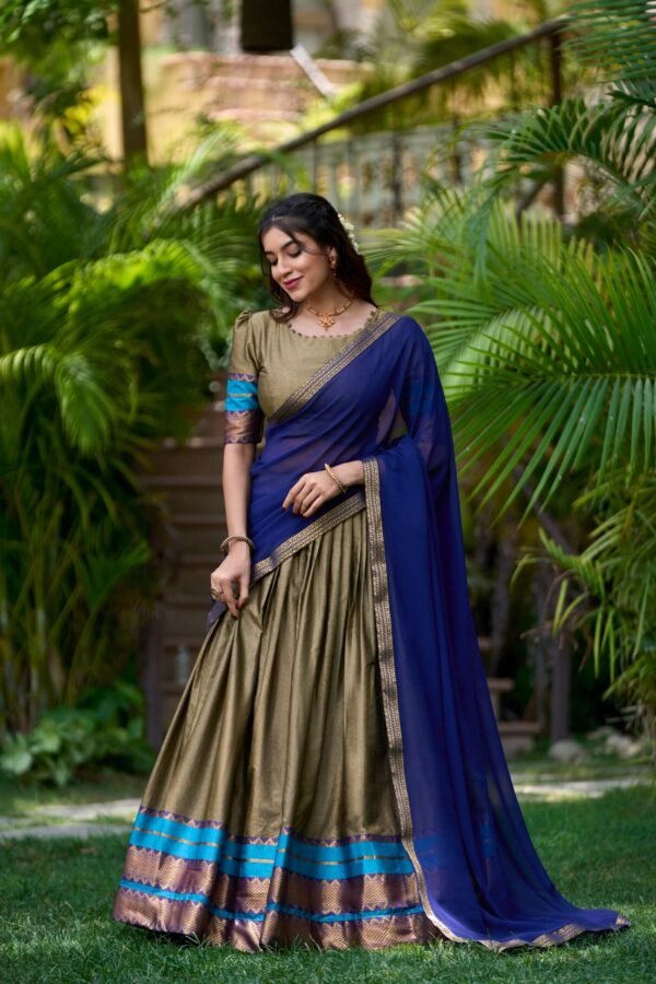 2004CHKMAIN.jpg South Style Poly Cotton Half Chikoo Color Saree Set with Elegant Georgette Dupatta