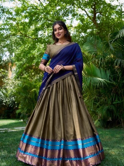 2004CHKMAIN1.jpg South Style Poly Cotton Half Chikoo Color Saree Set with Elegant Georgette Dupatta