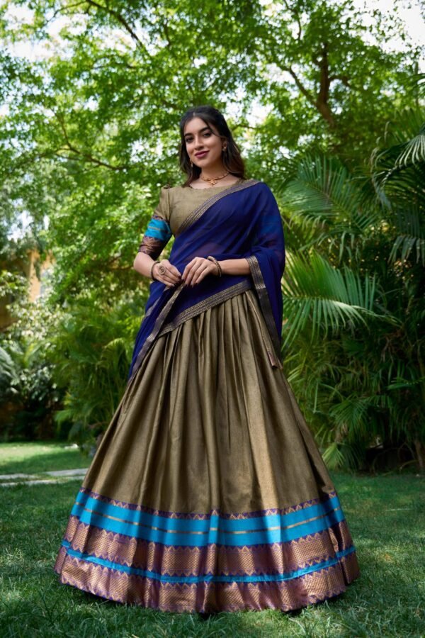 2004CHKMAIN1.jpg South Style Poly Cotton Half Chikoo Color Saree Set with Elegant Georgette Dupatta