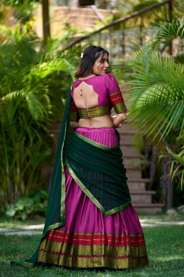 2004PNKBACK.jpg Pink Color South Style Poly Cotton Half Saree with Zari Weaving Lehenga and Elegant Dupatta