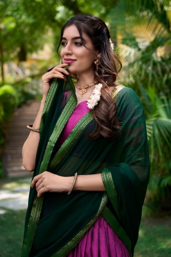 2004PNKCLO.jpg Pink Color South Style Poly Cotton Half Saree with Zari Weaving Lehenga and Elegant Dupatta