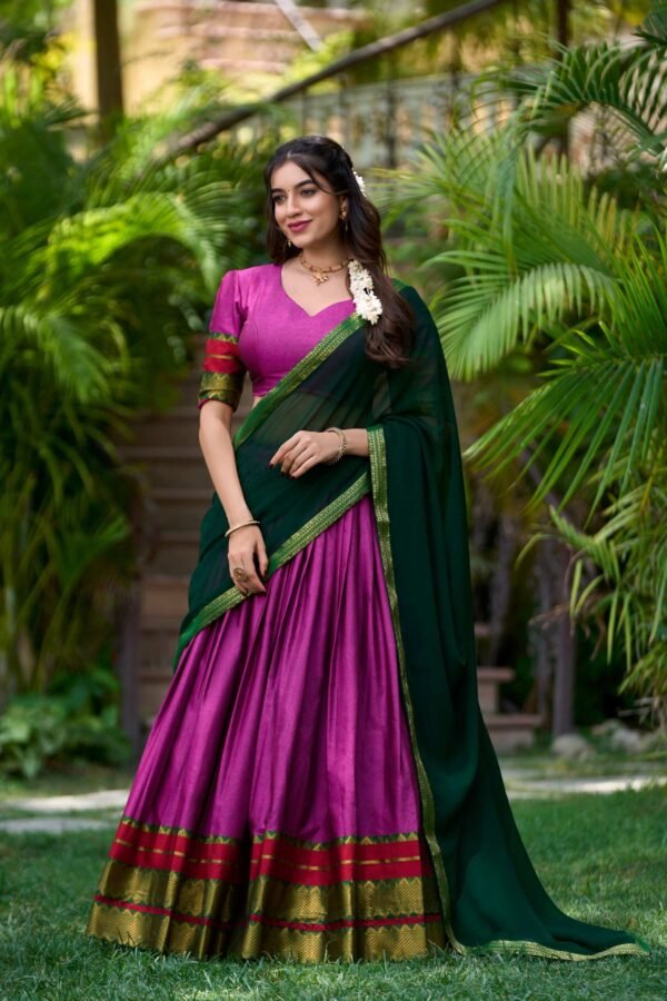 2004PNKMAIN.jpg Pink Color South Style Poly Cotton Half Saree with Zari Weaving Lehenga and Elegant Dupatta