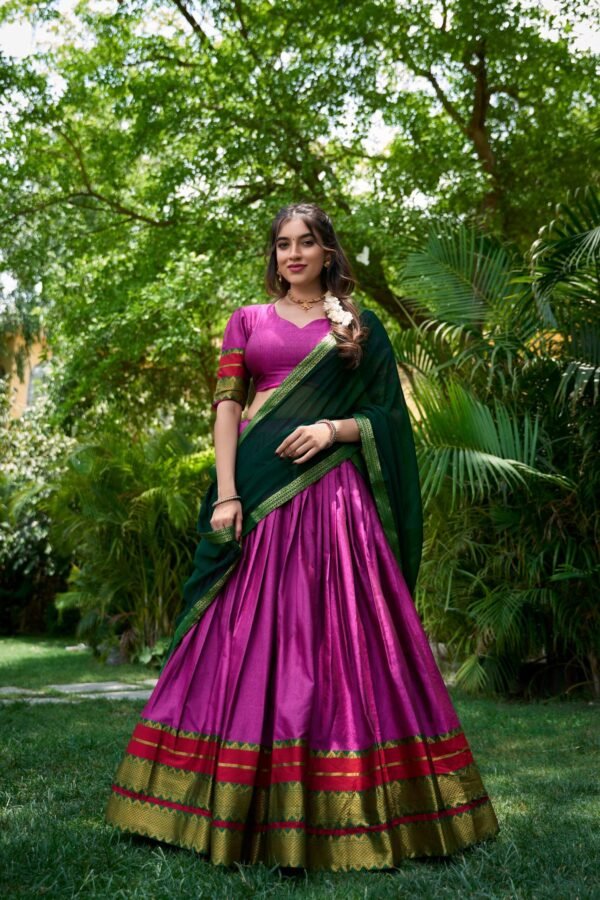 2004PNKMAIN1.jpg Pink Color South Style Poly Cotton Half Saree with Zari Weaving Lehenga and Elegant Dupatta