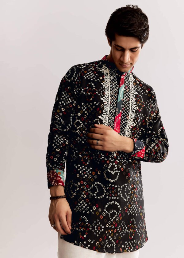 360_2 Black Silk Kurta Set with Bandhani Print