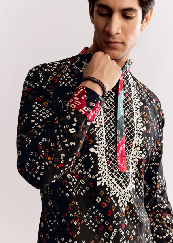 360_3 Black Silk Kurta Set with Bandhani Print