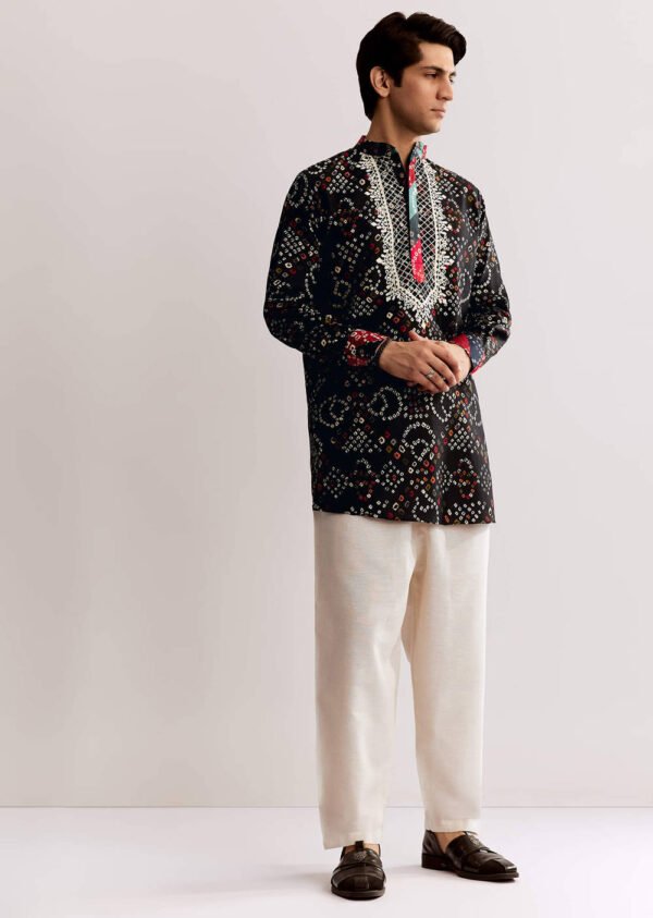 360_4 Black Silk Kurta Set with Bandhani Print