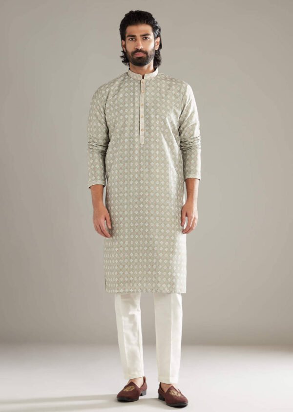 363_1 Green Silk Kurta Set For Men With Printed Motifs